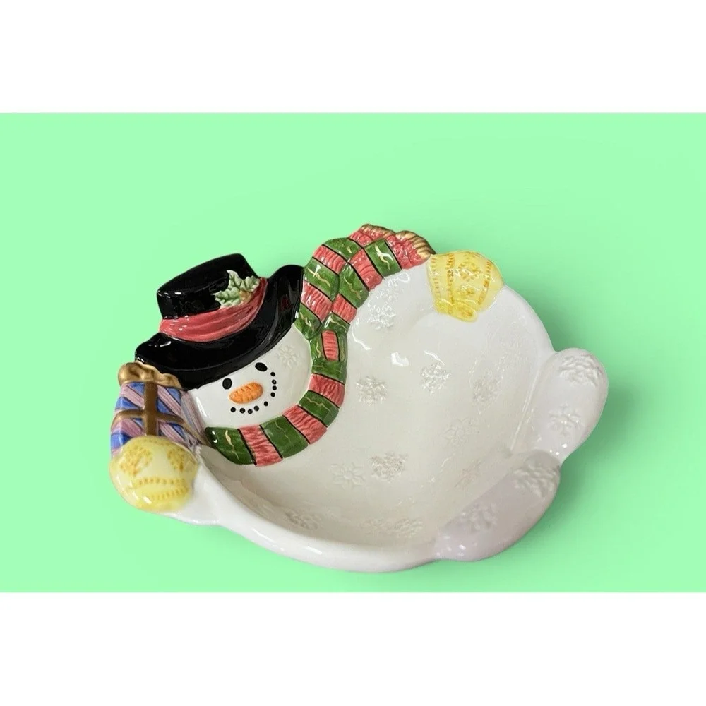 Fitz & Floyd Frosty Folks Snowman Candy Bowl Dish Winter Holiday Christmas Decor
